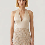 BEIGE SIZE LONG EVENING DRESS WITH EMBROIDERED SATIN SKIRT