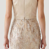 BEIGE SIZE LONG EVENING DRESS WITH EMBROIDERED SATIN SKIRT