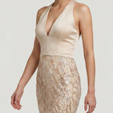 BEIGE SIZE LONG EVENING DRESS WITH EMBROIDERED SATIN SKIRT