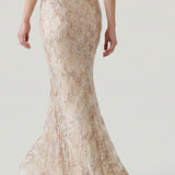 BEIGE SIZE LONG EVENING DRESS WITH EMBROIDERED SATIN SKIRT