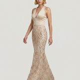 BEIGE SIZE LONG EVENING DRESS WITH EMBROIDERED SATIN SKIRT
