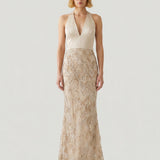 BEIGE SIZE LONG EVENING DRESS WITH EMBROIDERED SATIN SKIRT