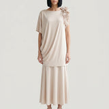 BEIGE DEGAJE DETAILED FLORAL LONG KNITTED DRESS