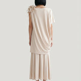 BEIGE DEGAJE DETAILED FLORAL LONG KNITTED DRESS