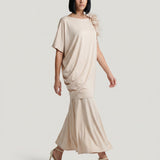 BEIGE DEGAJE DETAILED FLORAL LONG KNITTED DRESS