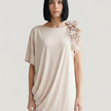 BEIGE DEGAJE DETAILED FLORAL LONG KNITTED DRESS