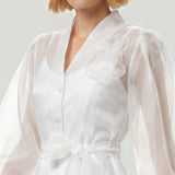 WHITE LONG DRESS WITH BEIJING SLEEVES AND FLOWER APPLICATED