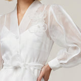 WHITE LONG DRESS WITH BEIJING SLEEVES AND FLOWER APPLICATED