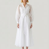 WHITE LONG DRESS WITH BEIJING SLEEVES AND FLOWER APPLICATED