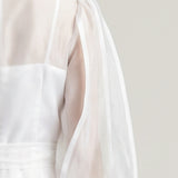 WHITE LONG DRESS WITH BEIJING SLEEVES AND FLOWER APPLICATED