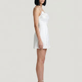 WHITE LASER FLORAL MINI EVENING DRESS