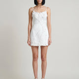 WHITE LASER FLORAL MINI EVENING DRESS