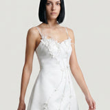 WHITE LASER FLORAL MINI EVENING DRESS