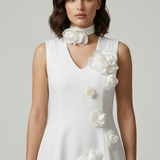 ECRU FLOWER APPLICATED SHORT EVENING DRESS
