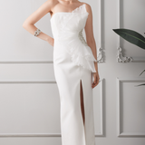 ECRU EMBROIDERED EVENING DRESS WITH ORGANZE DETAIL