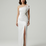 ECRU EMBROIDERED EVENING DRESS WITH ORGANZE DETAIL