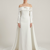 ECRU TRAITED EVENING DRESS WITH EMBROIDERED CHEST