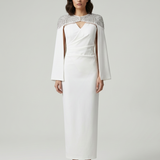 ECRU EVENING DRESS WITH SEQUIN EMBROIDERED SHOULDERS