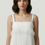 ECRU PLEATED FEATHERED EVENING DRESS