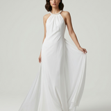 ECRU BACK-LOCKED EVENING DRESS WITH PEARLS