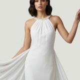 ECRU BACK-LOCKED EVENING DRESS WITH PEARLS