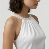ECRU BACK-LOCKED EVENING DRESS WITH PEARLS