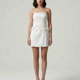 ECRU STRAPLESS BUTTON DETAILED EVENING DRESS