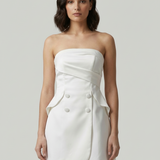 ECRU STRAPLESS BUTTON DETAILED EVENING DRESS