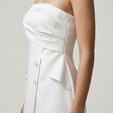 ECRU STRAPLESS BUTTON DETAILED EVENING DRESS