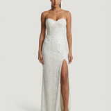 ECRU STRAPLESS SEQUIN EVENING DRESS