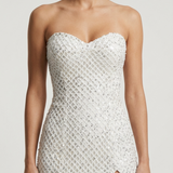 ECRU STRAPLESS SEQUIN EVENING DRESS