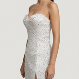 ECRU STRAPLESS SEQUIN EVENING DRESS
