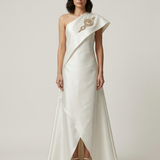 ECRU ONE SHOULDER EMBROIDERED EVENING DRESS
