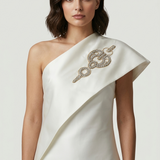 ECRU ONE SHOULDER EMBROIDERED EVENING DRESS