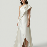 ECRU ONE SHOULDER EMBROIDERED EVENING DRESS