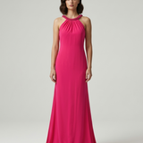 Fuchsia Backless Evening Dress with Pearls