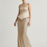 GOLD SIZE STRAPLESS EVENING DRESS WITH SEPARATED BORAGE