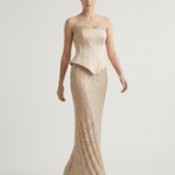 GOLD SIZE STRAPLESS EVENING DRESS WITH SEPARATED BORAGE