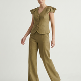 KHAKI SLEEVES PLEATED LINEN VEST
