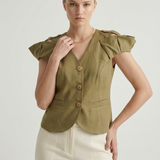KHAKI SLEEVES PLEATED LINEN VEST
