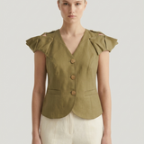 KHAKI SLEEVES PLEATED LINEN VEST