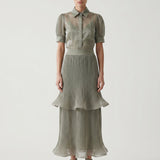 KHAKI PLEATED SLEEVE VOLUME ORGANZE BLOUSE