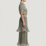KHAKI PLEATED SLEEVE VOLUME ORGANZE BLOUSE