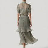 KHAKI PLEATED SLEEVE VOLUME ORGANZE BLOUSE