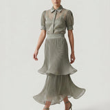 KHAKI PLEATED SLEEVE VOLUME ORGANZE BLOUSE