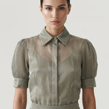 KHAKI PLEATED SLEEVE VOLUME ORGANZE BLOUSE