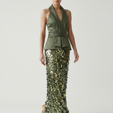 KHAKI OPEN BACK SEQUIN EVENING DRESS