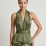 KHAKI OPEN BACK SEQUIN EVENING DRESS
