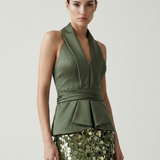 KHAKI OPEN BACK SEQUIN EVENING DRESS
