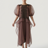 KAHVERENGİ DANTELLİ ORGANZE ELBİSE